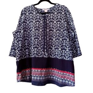 Allison Daley Woman Blouse Top 1X Blue Print 3/4‎ Sleeve Work Career Pullover